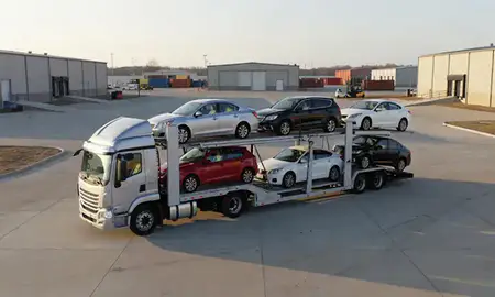 Car transporter loaded with vehicles in Rochester, Minnesota, United States