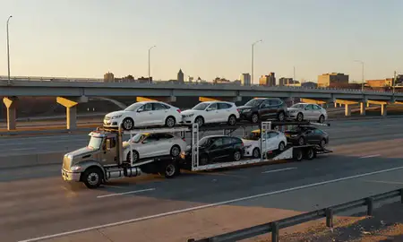 Car transporter with the Rochester, Minnesota, United States skyline behind it