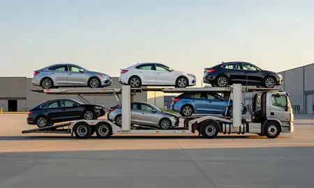 Car transporter parked in an industrial area of Roseville, Minnesota, United States