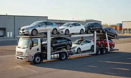 Car transporter loaded with vehicles in Roseville, Minnesota, United States