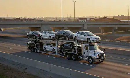 Car transporter with the Roseville, Minnesota, United States skyline behind it
