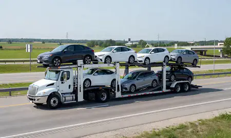 Multi-level car carrier on the highway to Shakopee, Minnesota, United States