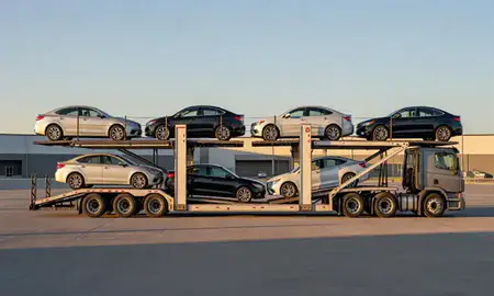 Car transporter parked in an industrial area of Shakopee, Minnesota, United States