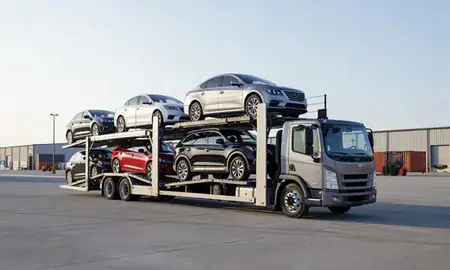 Car transporter loaded with vehicles in Shakopee, Minnesota, United States