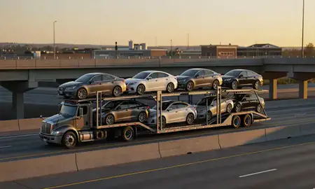 Car transporter with the Shakopee, Minnesota, United States skyline behind it
