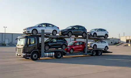 Car transporter loaded with vehicles in St. Cloud, Minnesota, United States