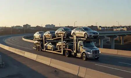 Car transporter with the St. Cloud, Minnesota, United States skyline behind it