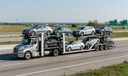 Multi-level car carrier on the highway to St. Louis Park, Minnesota, United States