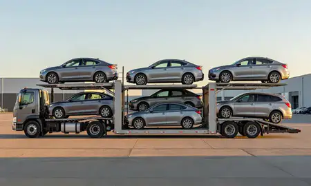 Car transporter parked in an industrial area of St. Louis Park, Minnesota, United States