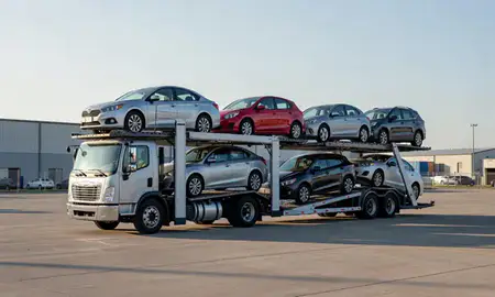 Car transporter loaded with vehicles in St. Louis Park, Minnesota, United States