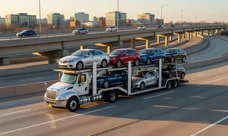 Car transporter with the St. Louis Park, Minnesota, United States skyline behind it