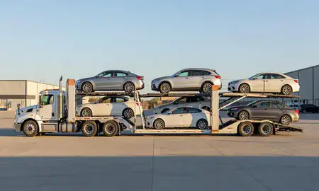 Car transporter parked in an industrial area of St. Paul, Minnesota, United States