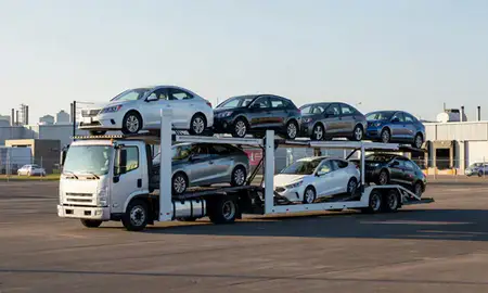 Car transporter loaded with vehicles in St. Paul, Minnesota, United States