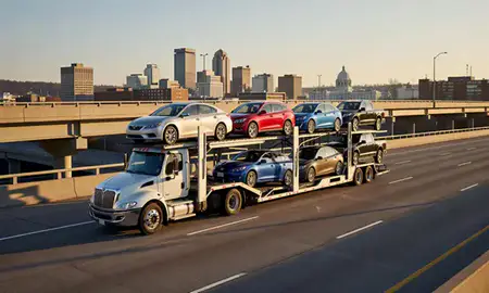 Car transporter with the St. Paul, Minnesota, United States skyline behind it