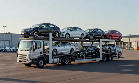 Car transporter loaded with vehicles in Woodbury, Minnesota, United States
