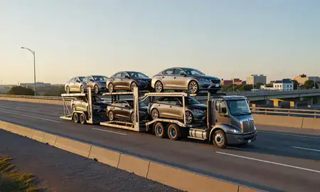 Car transporter with the Woodbury, Minnesota, United States skyline behind it