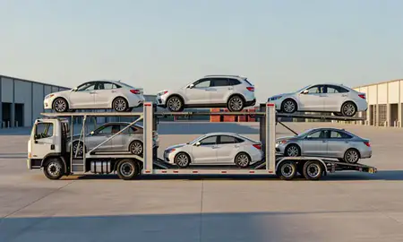 Car transporter parked in an industrial area of Mississippi, United States