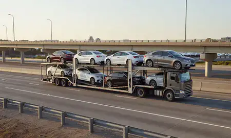 Car transporter with the Mississippi, United States skyline behind it