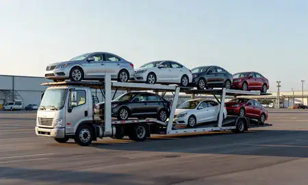 Car transporter loaded with vehicles in Biloxi, Mississippi, United States
