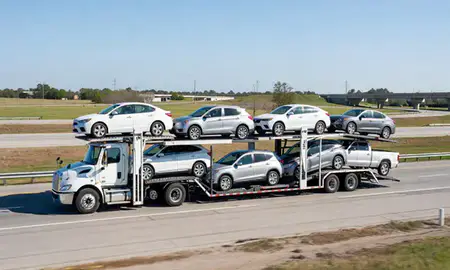 Multi-level car carrier on the highway to Brandon, Mississippi, United States