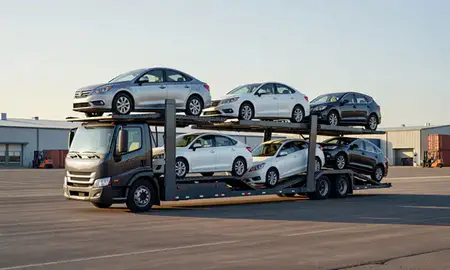 Car transporter loaded with vehicles in Brandon, Mississippi, United States