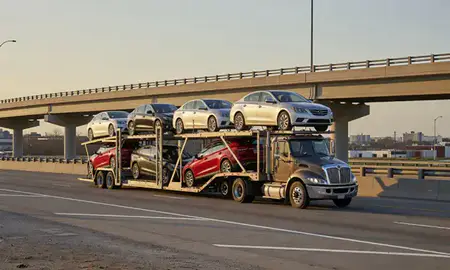 Car transporter with the Brandon, Mississippi, United States skyline behind it