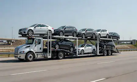 Multi-level car carrier on the highway to Byram, Mississippi, United States