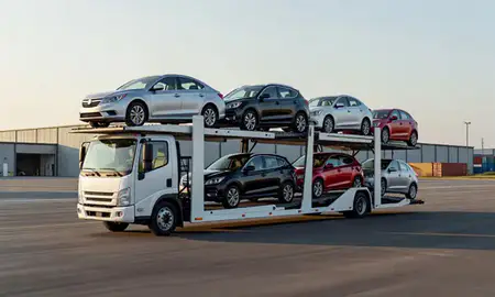 Car transporter loaded with vehicles in Byram, Mississippi, United States