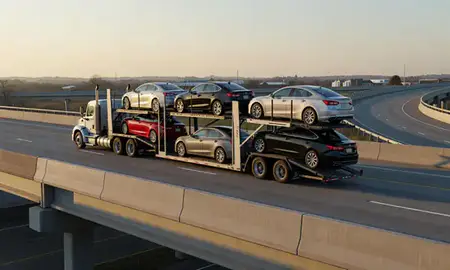 Car transporter with the Byram, Mississippi, United States skyline behind it