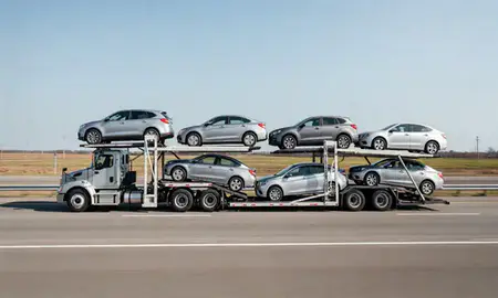 Multi-level car carrier on the highway to Clarksdale, Mississippi, United States