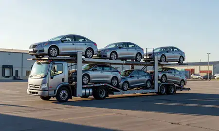 Car transporter loaded with vehicles in Clarksdale, Mississippi, United States