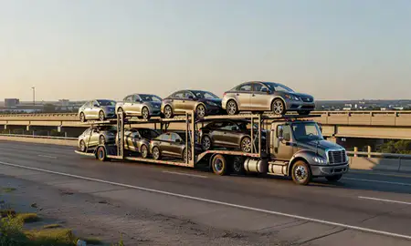 Car transporter with the Clarksdale, Mississippi, United States skyline behind it