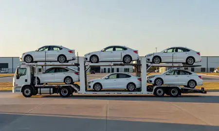 Car transporter parked in an industrial area of Clinton, Mississippi, United States
