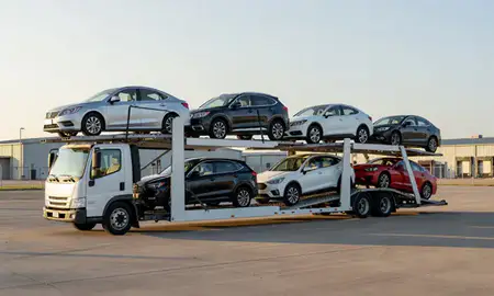 Car transporter loaded with vehicles in Clinton, Mississippi, United States