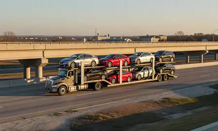 Car transporter with the Clinton, Mississippi, United States skyline behind it