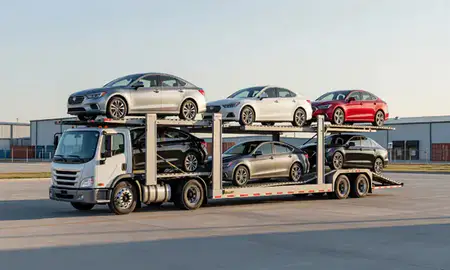 Car transporter loaded with vehicles in Columbus, Mississippi, United States