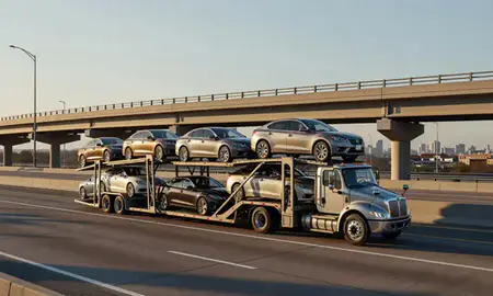 Car transporter with the Columbus, Mississippi, United States skyline behind it