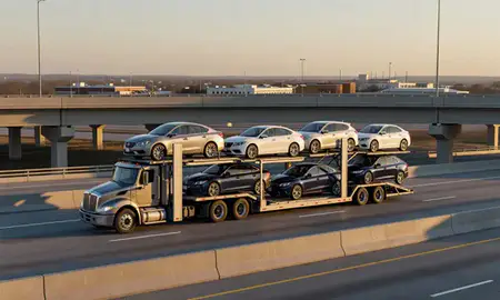 Car transporter with the Corinth, Mississippi, United States skyline behind it