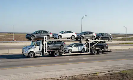 Multi-level car carrier on the highway to D'Iberville, Mississippi, United States
