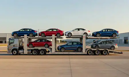 Car transporter parked in an industrial area of D'Iberville, Mississippi, United States