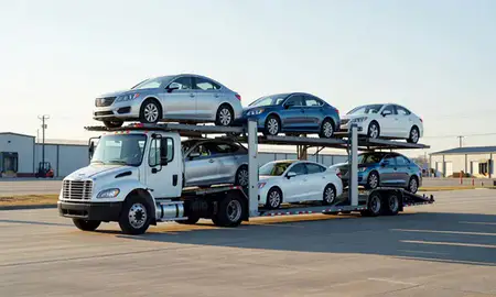 Car transporter loaded with vehicles in D'Iberville, Mississippi, United States