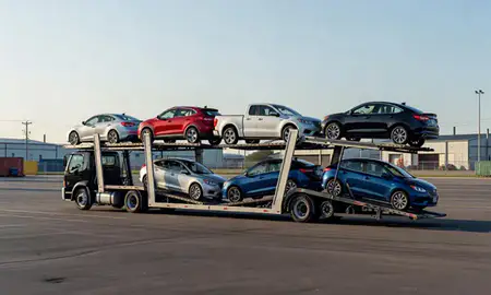 Car transporter loaded with vehicles in Gautier, Mississippi, United States