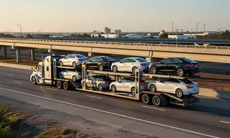 Car transporter with the Gautier, Mississippi, United States skyline behind it