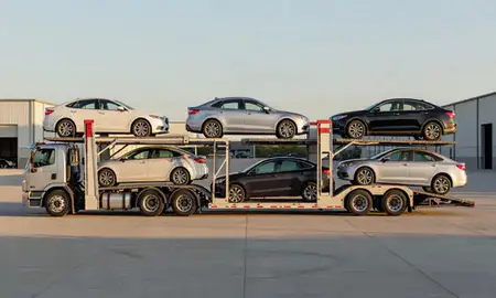 Car transporter parked in an industrial area of Greenville, Mississippi, United States