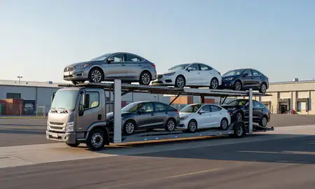 Car transporter loaded with vehicles in Greenville, Mississippi, United States