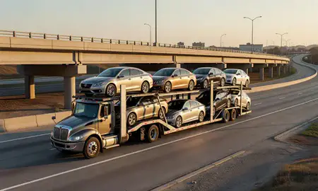 Car transporter with the Greenville, Mississippi, United States skyline behind it