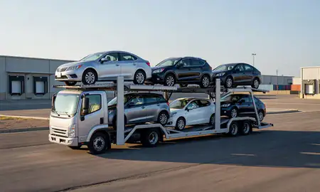 Car transporter loaded with vehicles in Greenwood, Mississippi, United States