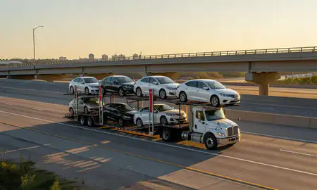 Car transporter with the Greenwood, Mississippi, United States skyline behind it