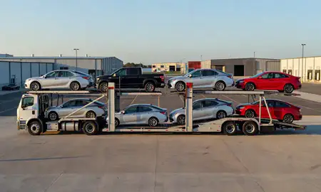 Car transporter parked in an industrial area of Gulfport, Mississippi, United States