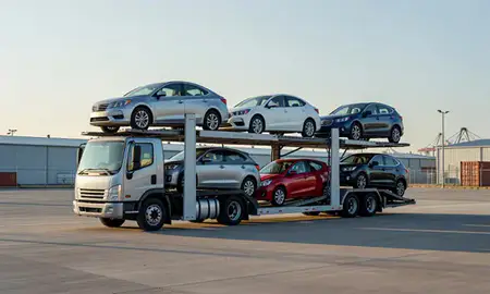 Car transporter loaded with vehicles in Gulfport, Mississippi, United States